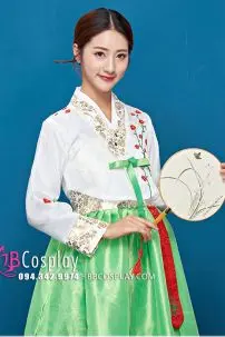 Hanbok Hàn Quốc 2 Lớp Voan Thêu Áo Trắng Váy Xanh Lá