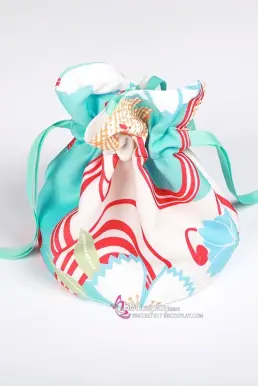 Túi Kinchaku - Túi Thơm Đi Kèm Yukata Nhật Xanh Phối Hoa