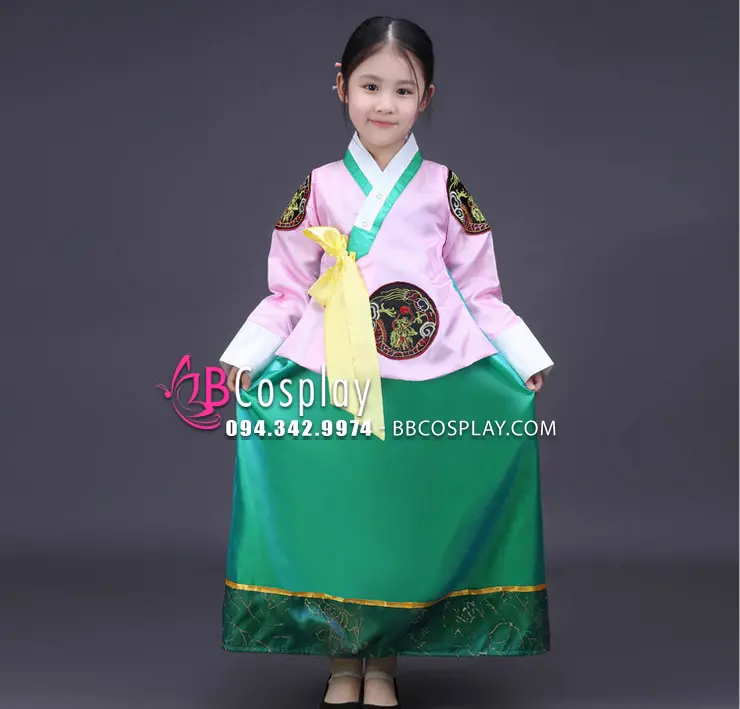 Hanbok Trẻ Em Áo Hồng Váy Xanh Lục