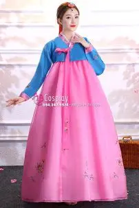 Hanbok Hàn Quốc Voan Áo Xanh Váy Hồng