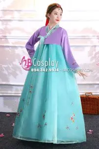 Hanbok Voan Áo Tím Váy Xanh Lục