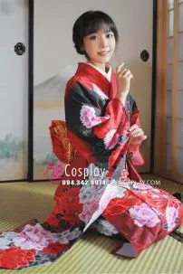 Đồ Kimono Chuẩn Nhật Hoa Đào Đỏ Phối Đen