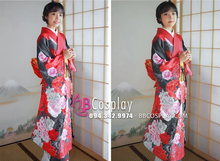 Đồ Kimono Chuẩn Nhật Hoa Đào Đỏ Phối Đen