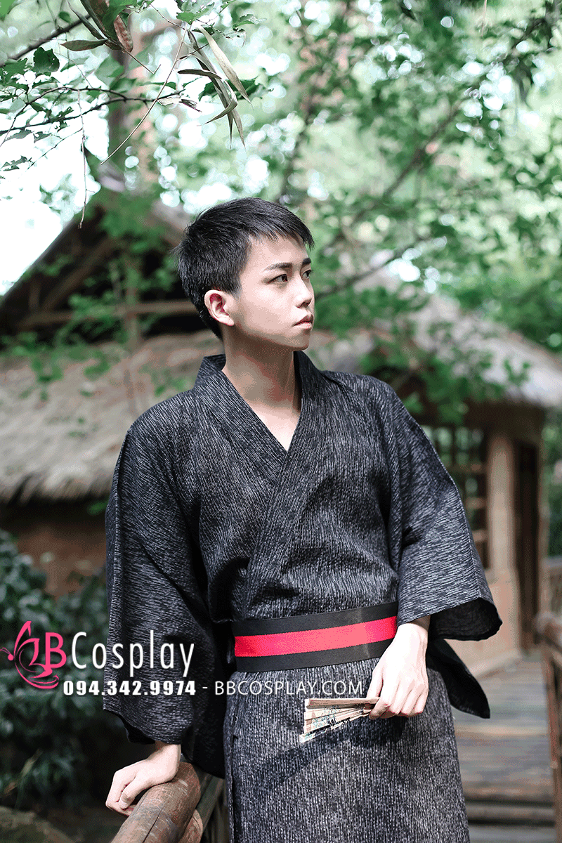 Yukata Nam Nhật Bản Áo Đen Sọc Xám Tối Giảm