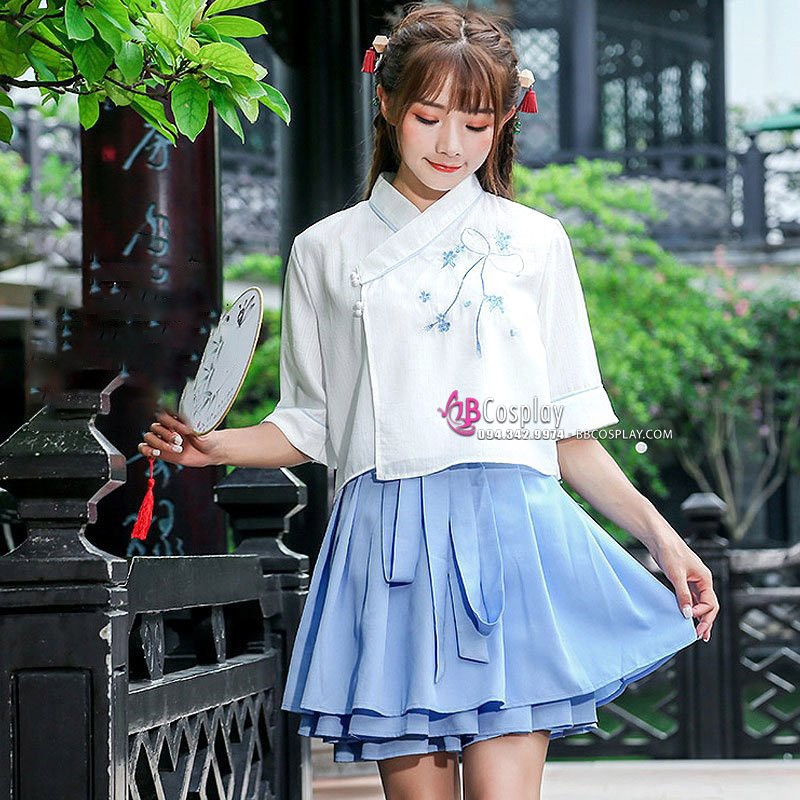 Hán Phục Cách Tân Tiểu Ái Áo Trắng Váy Xanh