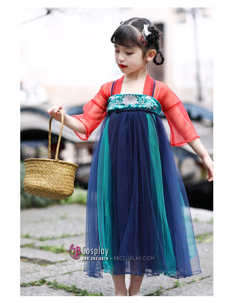 Hán Phục Trẻ Em Tiểu Hân - Áo Đỏ Váy Xanh Thêu Hoa 100-110