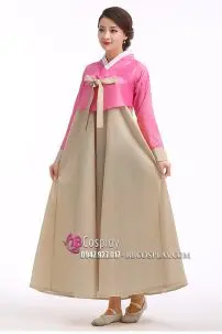 Hanbok Áo Hồng Váy Màu Vàng Đồng