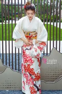 Kimono Yukata Nhật Bản Trắng Hoa Mận Đỏ Tặng Kèm Guốc