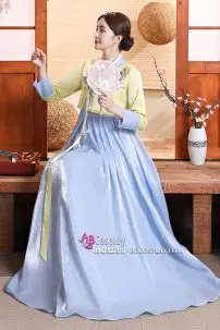 Hanbok Rũ Váy Xanh Áo Vàng Lime Mẫu Mới Vải Cao Cấp