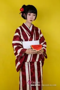 Kimono Yukata Fuji Shiro Đỏ Đô Phối Sọc Trắng
