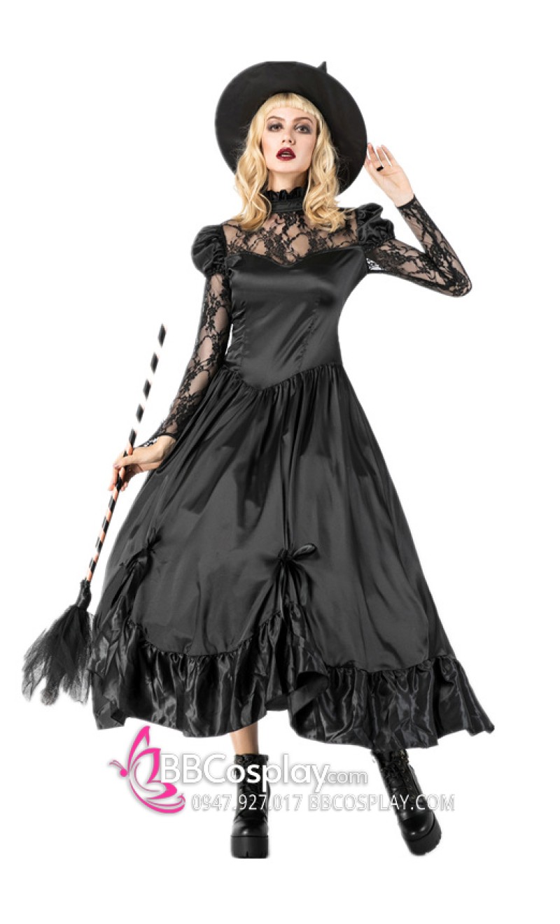 Đầm Phù Thủy Đen Tay Ren Có Nón Phong Cách Gothic