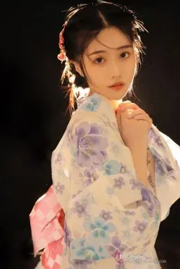 Áo Kimono Yukata Hoa Tím Murasaki Tặng Kèm Thắt Lưng