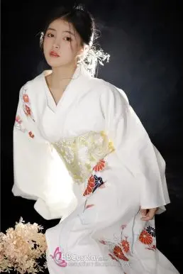Yukata Trắng Hoa Cúc Đỏ Vintage Japanese