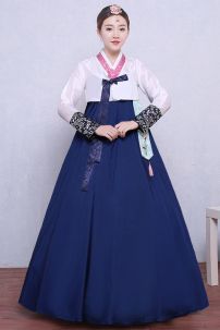 Hanbok Hàn Quốc Truyền Thống Áo Trắng Váy Xanh Có Tua Rua