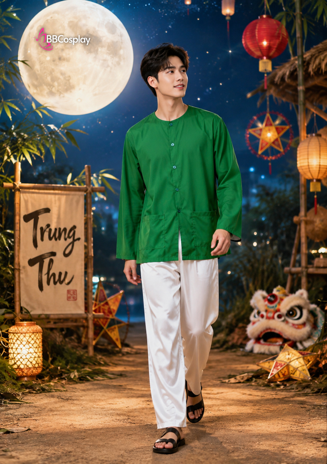 Trang Phục Bà Ba Nam Xanh Lá - Chú Cuội Xanh Lá