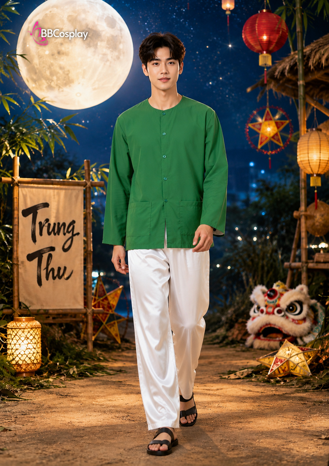 Trang Phục Bà Ba Nam Xanh Lá - Chú Cuội Xanh Lá