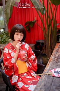 Yukata Chuẩn Nhật Đỏ Hoa Đào