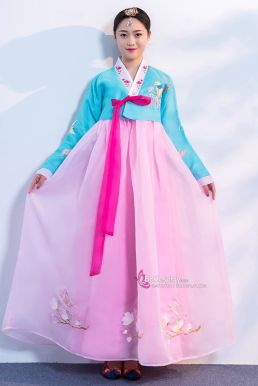 Hanbok Của Hàn Quốc 2 Lớp Voan Thêu Chim Phụng Áo Xanh Váy Hồng
