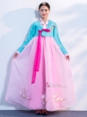 Hanbok Của Hàn Quốc 2 Lớp Voan Thêu Chim Phụng Áo Xanh Váy Hồng