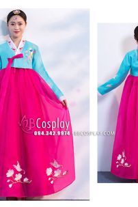 Hanbok Hàn Quốc Voan Thêu Chim Phụng Áo Xanh Váy Hồng Đậm