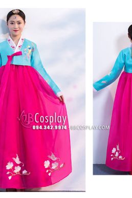 Hanbok Hàn Quốc Voan Thêu Chim Phụng Áo Xanh Váy Hồng Đậm