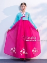 Hanbok Hàn Quốc Voan Thêu Chim Phụng Áo Xanh Váy Hồng Đậm