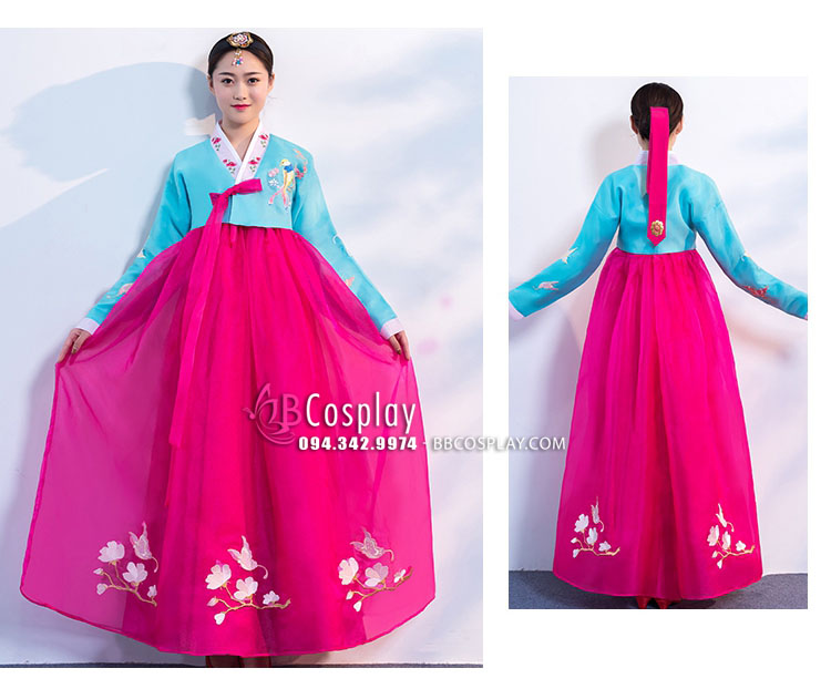 Hanbok Hàn Quốc Voan Thêu Chim Phụng Áo Xanh Váy Hồng Đậm