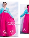 Hanbok Hàn Quốc Voan Thêu Chim Phụng Áo Xanh Váy Hồng Đậm