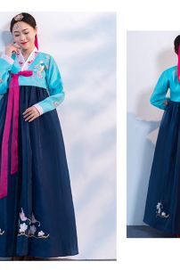 Hanbok Hàn Quốc Voan Thêu Chim Phụng Áo Xanh Váy Xanh