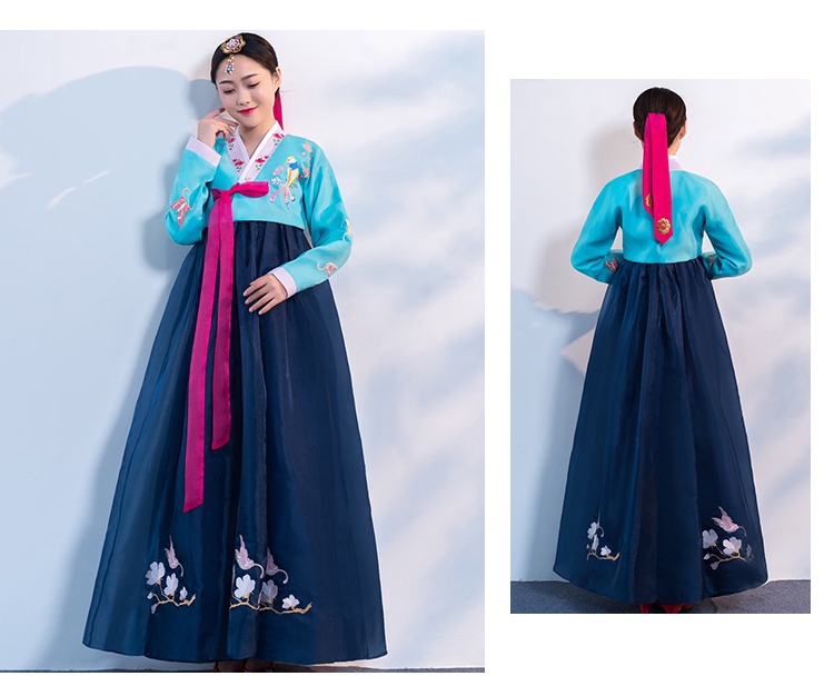 Hanbok Hàn Quốc Voan Thêu Chim Phụng Áo Xanh Váy Xanh