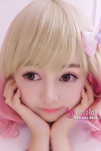 Tóc Giả 2 Màu Vàng Hồng Xoăn Đuôi