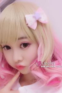 Tóc Giả 2 Màu Vàng Hồng Xoăn Đuôi