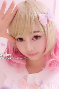 Tóc Giả 2 Màu Vàng Hồng Xoăn Đuôi