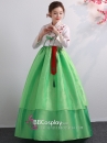 Hanbok Hàn Voan Thêu Áo Trắng Váy Hai Tầng Xanh Lá