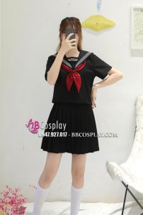 Đầm Nữ Sinh Nhật Đen Cổ Áo 3 Sọc Trắng