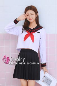 Đồ Học Sinh Nhật Bản Trắng Cổ Mèo Tay Dài