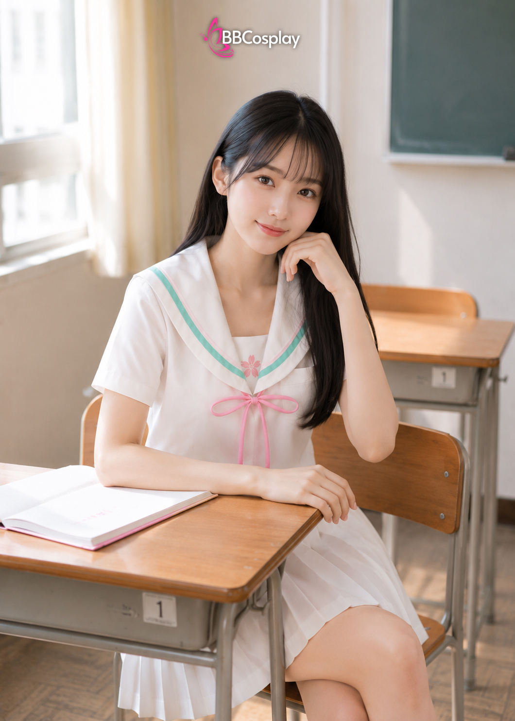 Đồng Phục Nữ Sinh Hàn Quốc Màu Trắng Viền Xanh