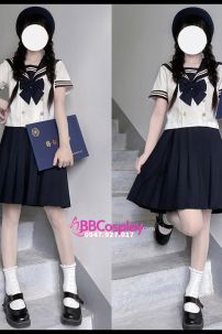 Nữ Sinh Áo Trắng Viền Vàng 6 Nút Váy Xanh