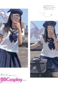 Nữ Sinh Áo Trắng Viền Vàng 6 Nút Váy Xanh