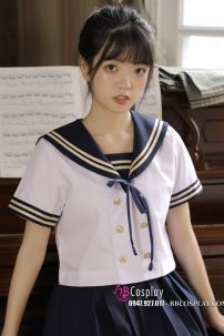 Nữ Sinh Áo Trắng Viền Vàng 6 Nút Váy Xanh