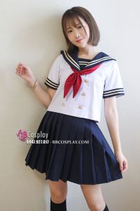 Nữ Sinh Áo Trắng Viền Vàng 6 Nút Váy Xanh