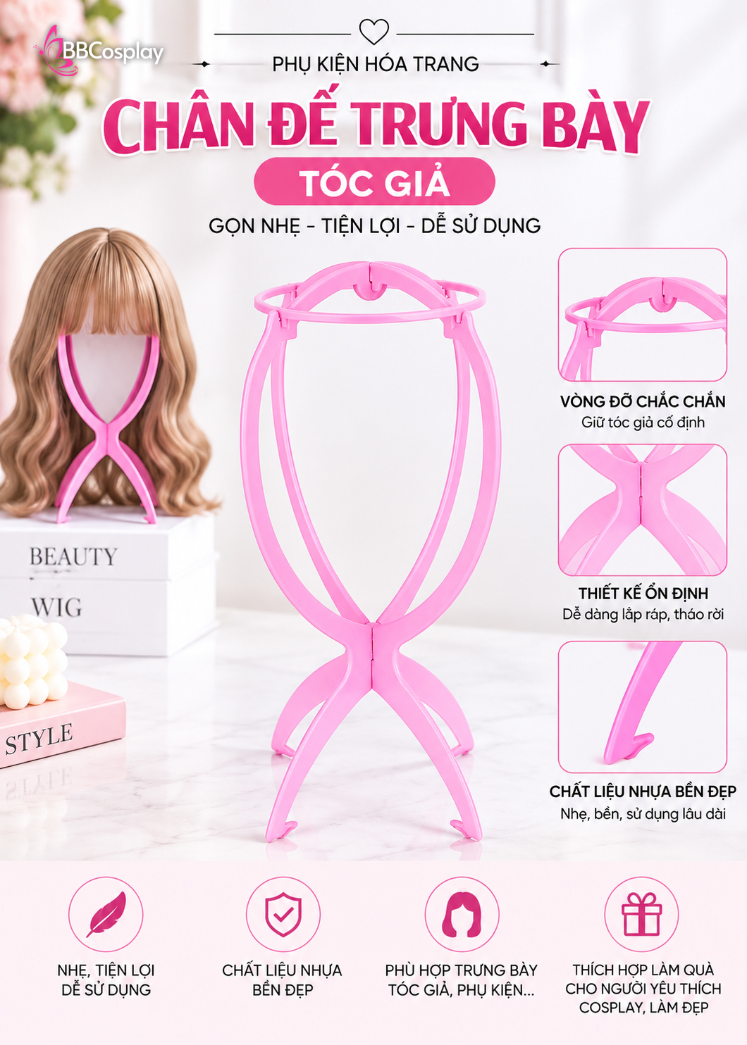 Chân Đế Trưng Bày Tóc Giả - Chân Để Wig (Màu Hồng)