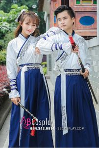 Cặp Hán Phục Áo Trắng Váy Xanh Vai Thêu