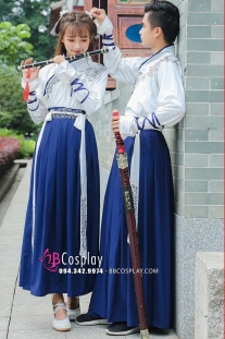 Cặp Hán Phục Áo Trắng Váy Xanh Vai Thêu