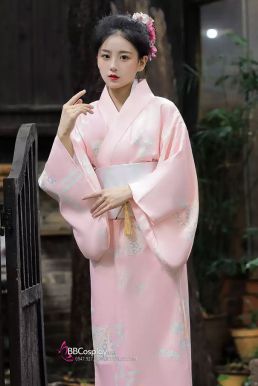 Áo Kimono Yukata Hoạ Tiết Hoa Và Quạt Nền Hồng Tặng Kèm Thắt Lưng