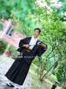 Nagagi Trắng - Haori Đen Kèm Hakama Dạng Váy Có Thắt Lưng Nâu Thắt Sẵn