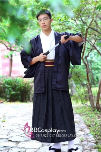 Nagagi Trắng - Haori Đen Kèm Hakama Dạng Váy Có Thắt Lưng Nâu Thắt Sẵn