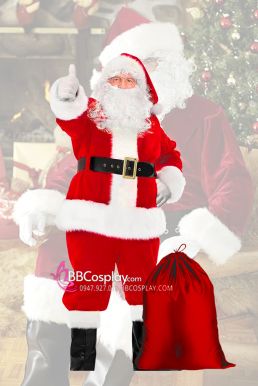 Trang Phục Santa Claus Vải Nhung Viền Lông Dài 10Cm - HÀNG MAY - Đỏ Tươi