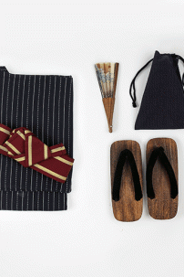 Yukata Nhật Xanh Đen Obi Đỏ Đô Viền Vàng