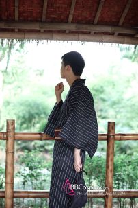 Yukata Nhật Xanh Đen Obi Đỏ Đô Viền Vàng